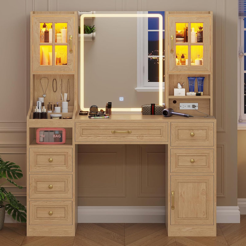 Vanity Desk With Touch Screen Mirror And Lights & Charging Station, Large Makeup Vanity With Rgb Light Cabinets, 6 Drawers, 5 Jewelry Hooks, Vanity Table With Lighted Mirror