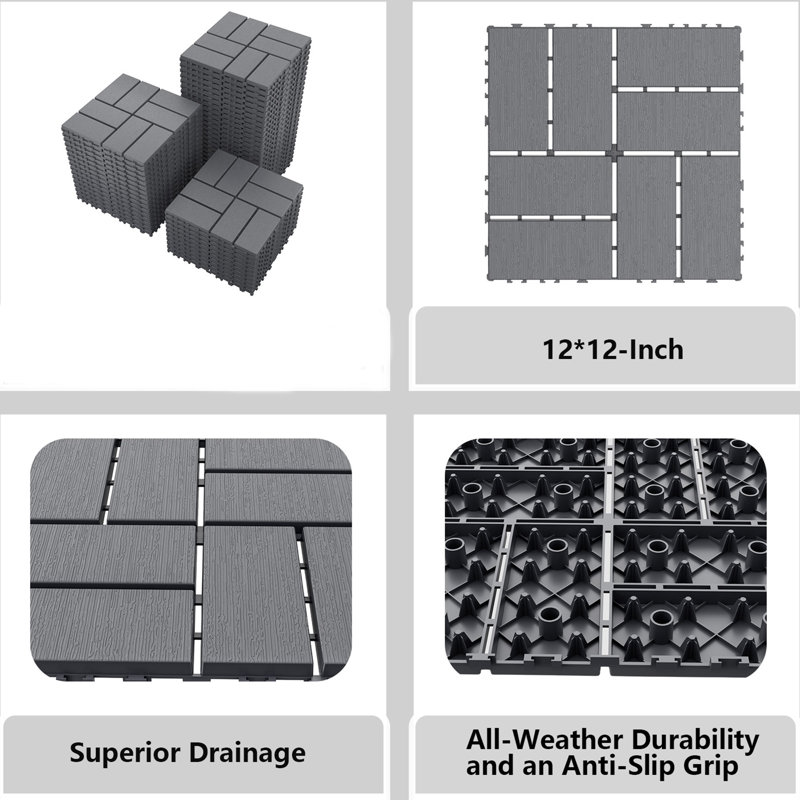 Carreaux de terrasse extérieurs verrouillables à l'épreuve des intempéries de 12 po x 12 po, plancher en plastique pour patio, installation facile à faire soi-même, peu d'entretien