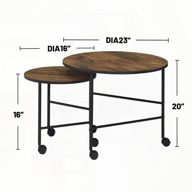 Ensemble de 2 tables gigognes avec roulettes, chêne rétro