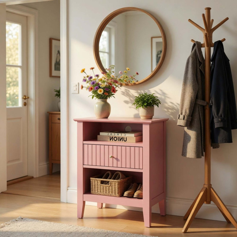 Ensemble de table de chevet cannelée à 2 tiroirs avec beaucoup de rangement, Rose