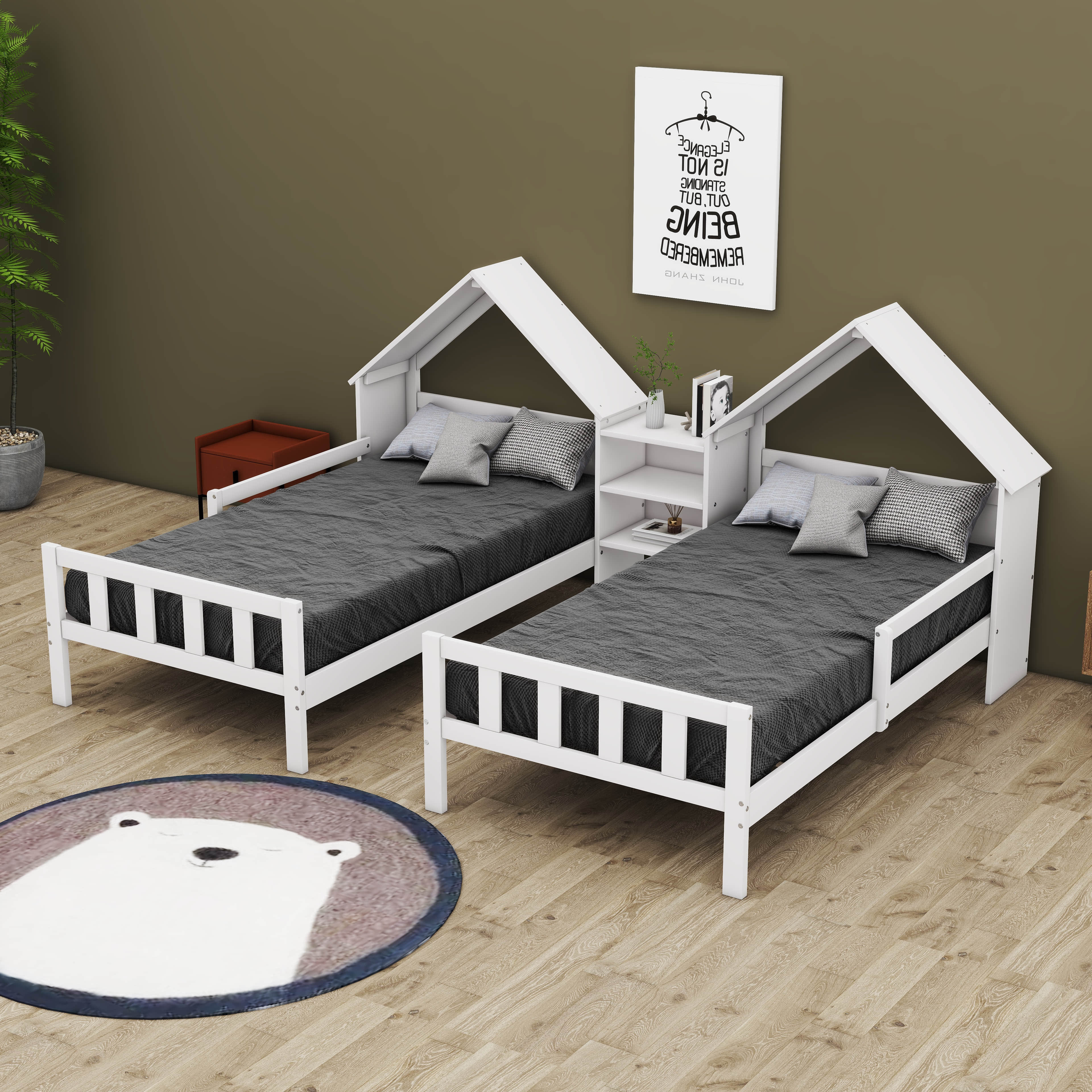 Wyleigh Double Twin Size Platform Bed Gracie Oaks Bed Frame Color: White, image size:3840x3840
