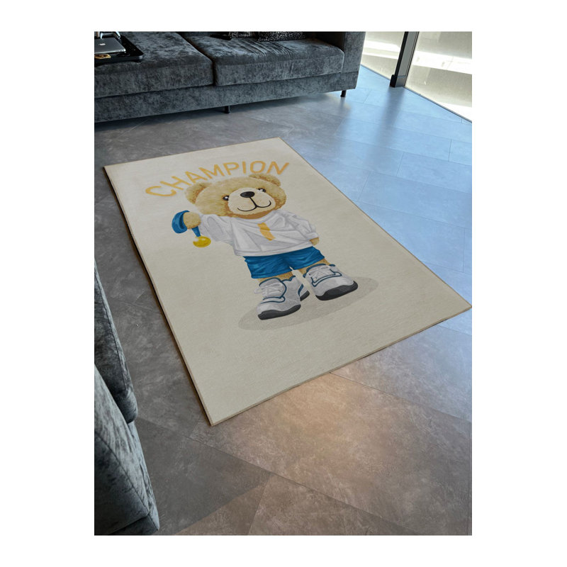 Beige Multi Color Champion Text Athlete Bear Pattern Modern Decorative Machine Washable Area Rug, Rectangle 3'3" x 4'11"