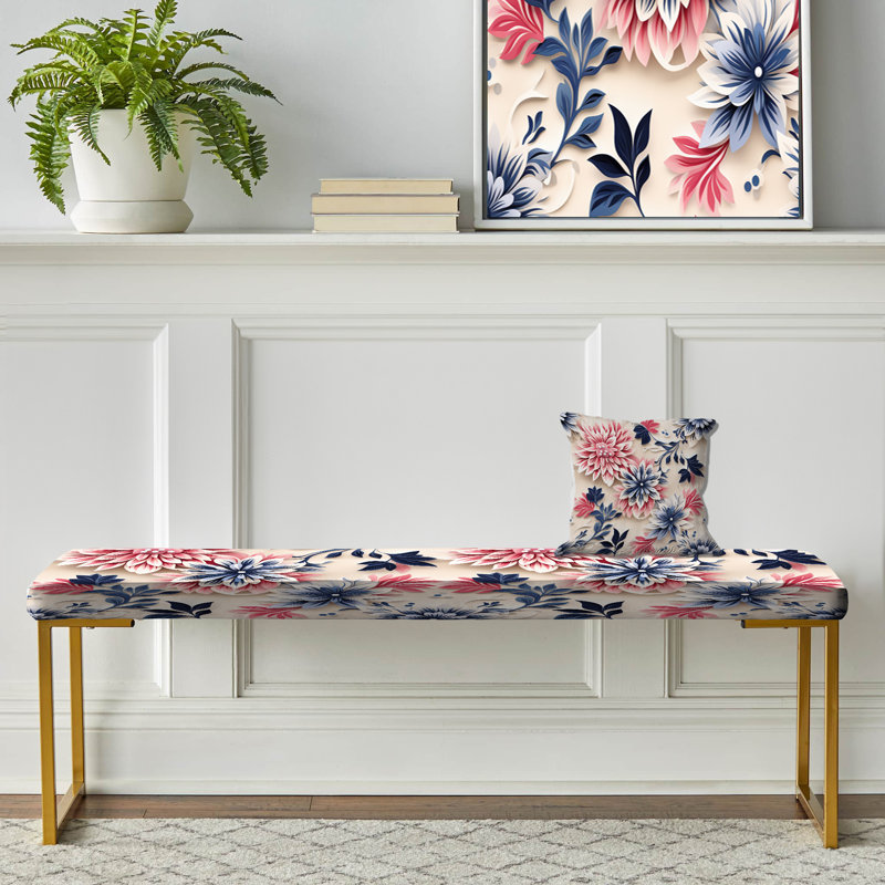 Blue Pink And White Damask Flower - Floral Upholstered Gold Bench