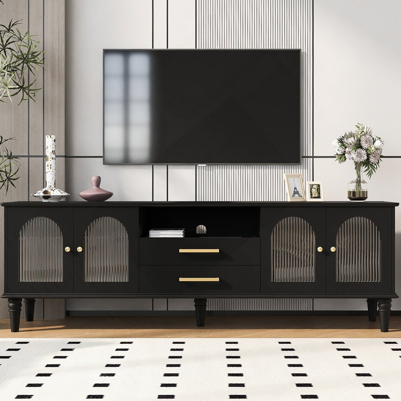 Meuble télé rétro de 68,9 po pour téléviseur de 75 po ou moins, console multimédia avec portes en verre cannelé et cinq pieds en bois massif pour le salon