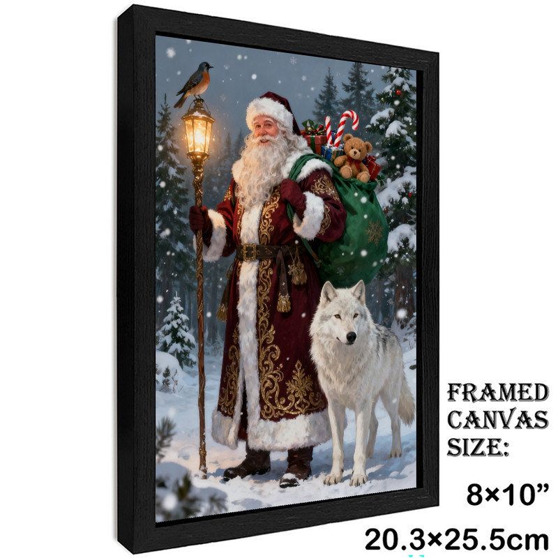 Art mural noir avec père Noël et loup encadré - Forêt enneigée, décorations festives, H 11 po x l 9 po