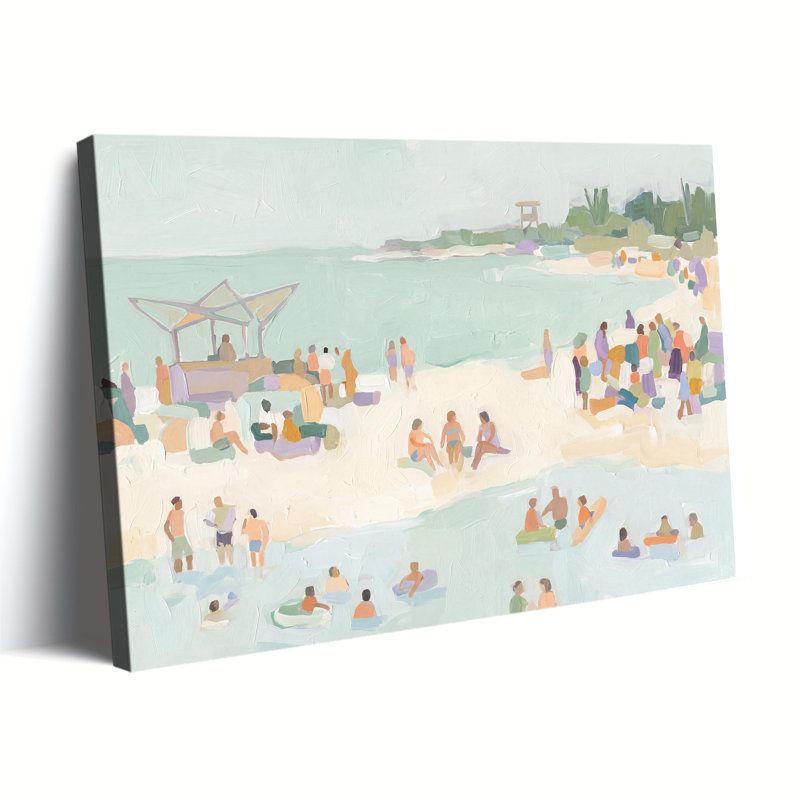 «Pastel Beach Crowd Impressionist Palette Knife», art sur toile tendue, prête à être suspendue, 12x18in