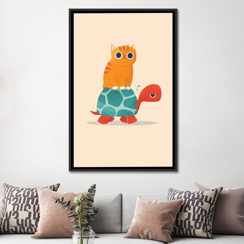 «Fat Cat Rides a Turtle» par Jay Fleck, impression sur toile tendue, Toile avec cadre noir, H 48 po x l 32 po x P 1,5 po