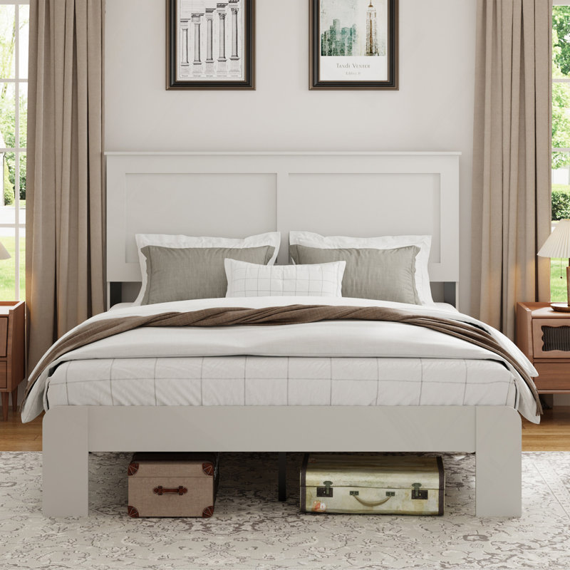 Cadre de lit grand, cadre de lit plateforme en bois, silencieux, aucun sommier nécessaire et outil d'assemblage facile, grand rangement sous le lit, blanc