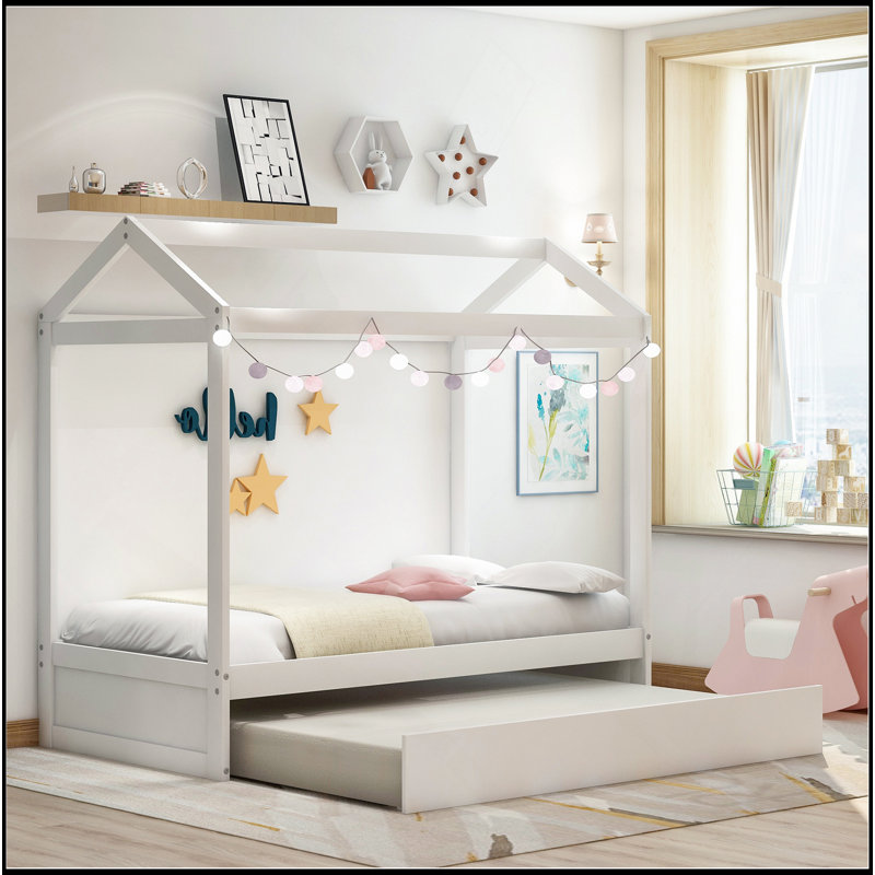 House Bed With Trundle, Can Be Decorated,White