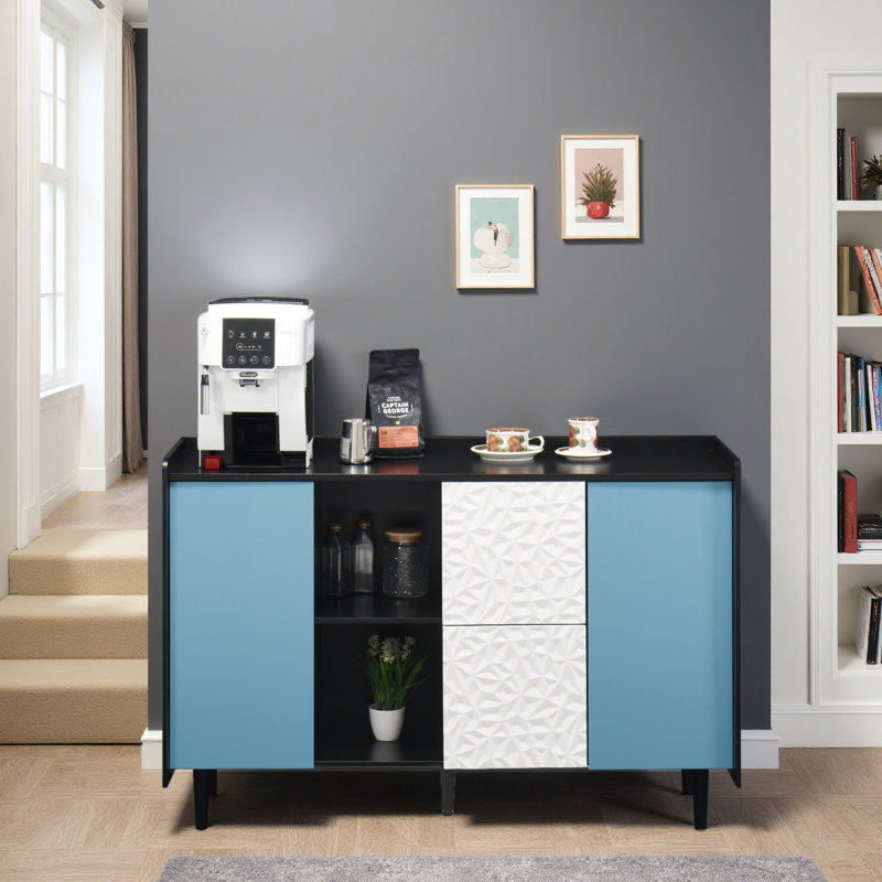 Buffet Buffet, armoire de rangement avec portes, 2 tiroirs avec panneau unique et 2 compartiments de rangement ouverts,, Bleu