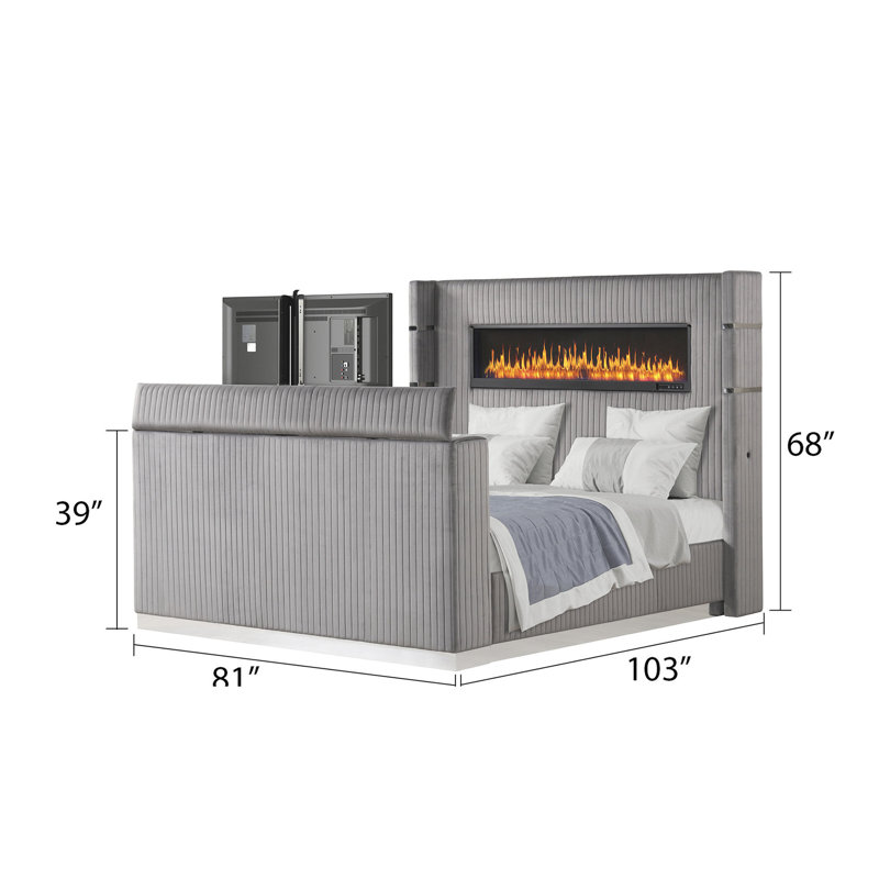 Lit moderne très grand en gris, tête de cheminée et meuble télé, Gris, Très grand lit