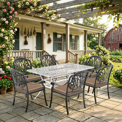 6-Pack Stackable Outdoor Dining Chairs with Armrests, Brown Cushions
