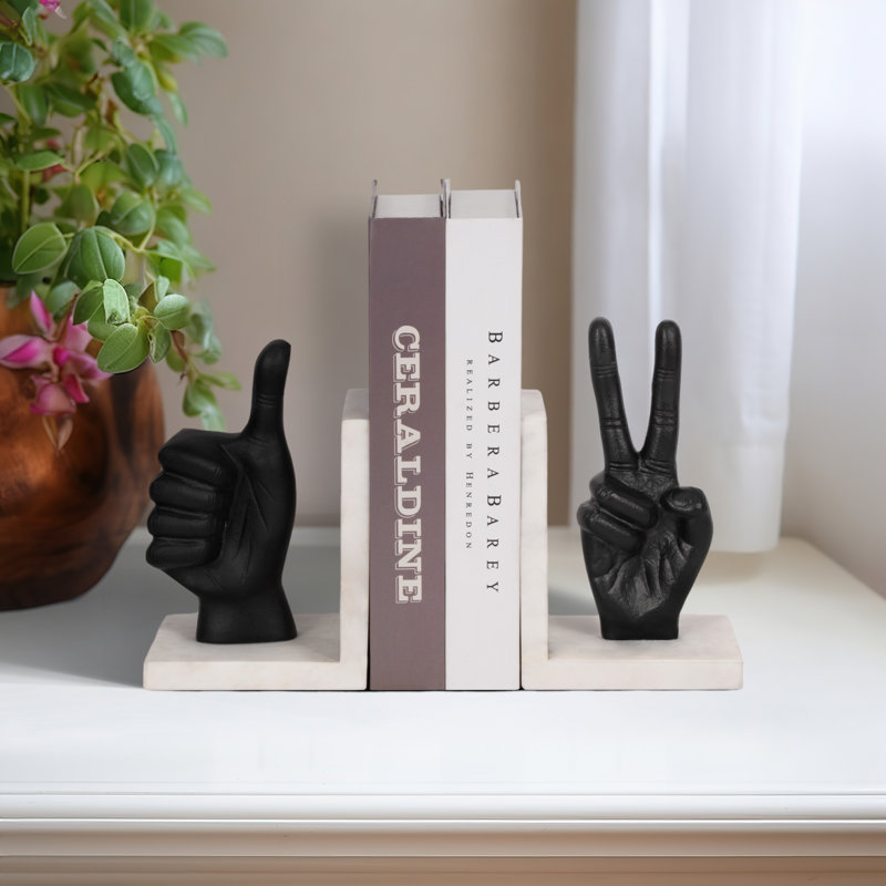 Modern Metal and Marble Hand Gesture Bookends, Decorative Stone and Aluminum Display Accents, Set of 2, Black