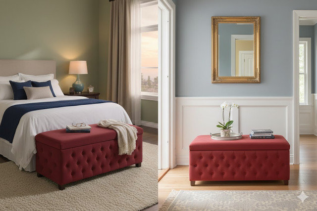 120cm Wide Velvet Standard Ottoman, 120cm W x 40cm D x 45cm H, Red