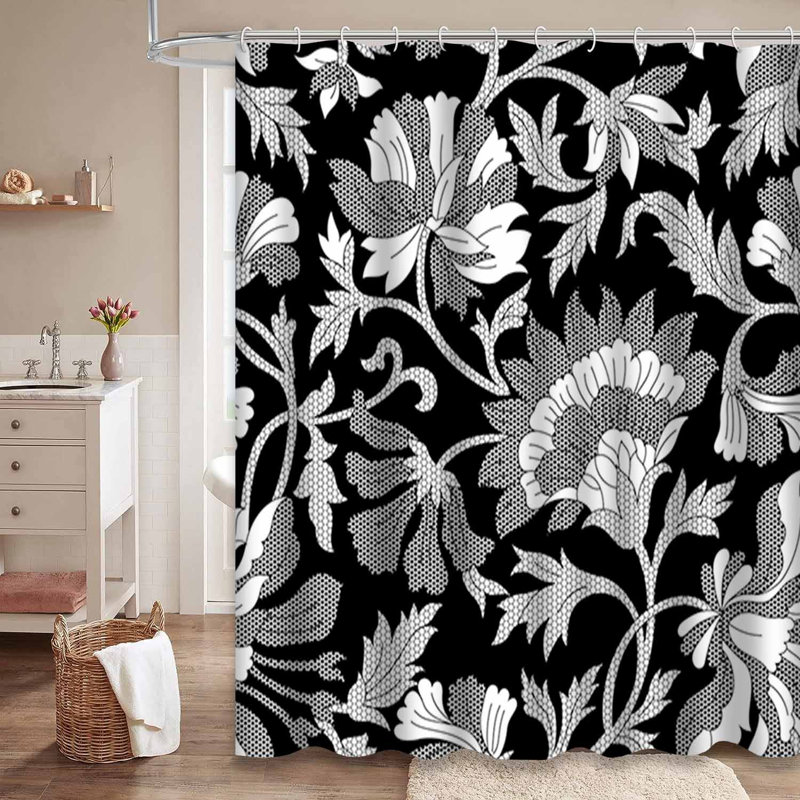 Rideau de douche imperméable à motif floral noir et blanc avec 12 crochets, L 72 po x l 78 po