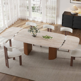 Table de salle à manger extensible 94,49 po en pierre agglomérée pour 10 sièges, table de salle à manger extensible rectangulaire avec base en bois massif, table de salle à manger extensible moderne