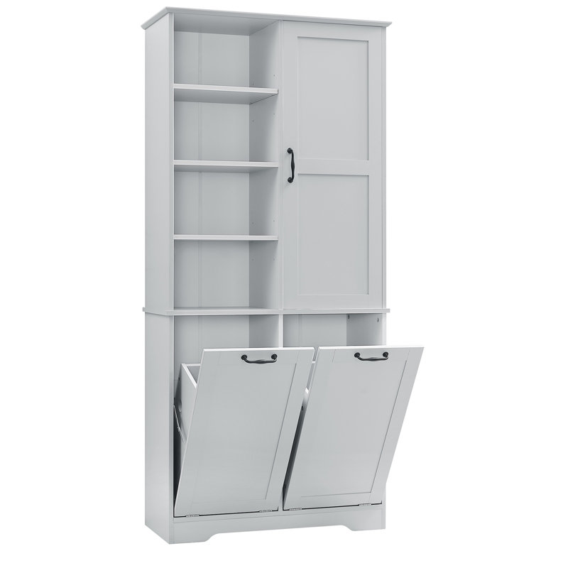 Armoire de rangement de salle de bain avec portes et tiroirs, panier à linge inclinable, Gris