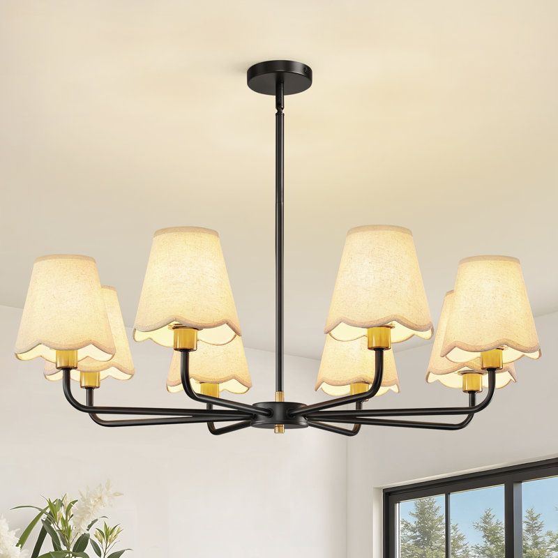 8-Light Modern Dimmable Chandelier With Fabric Shades, Matte Black/Gold