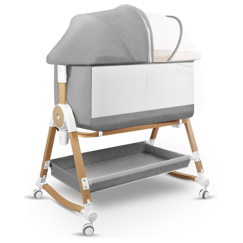 4 in 1 Baby Bassinet Bedside Sleeper & Co-Sleeper W/ Wheels, Storage Basket, Adjustable 7 Heights, Mosquito Net, Breathable Mesh Cradle for Infants Toddler, Grey