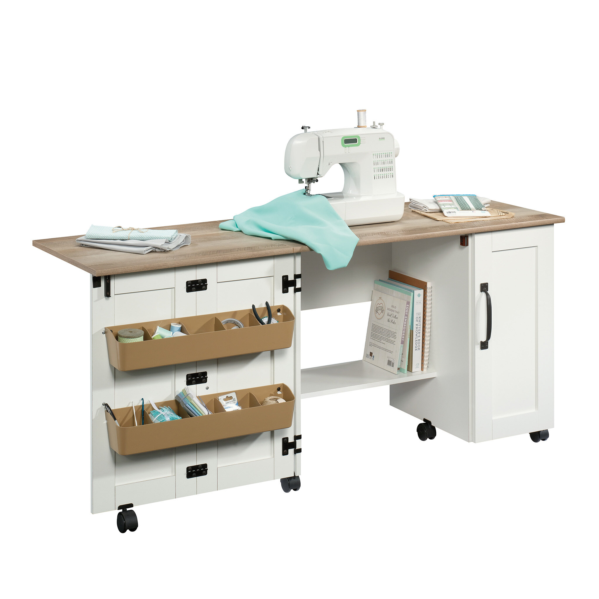 Folding Sewing Craft Table, Rolling Sewing Machine Desk with Storage  Shelves, Se