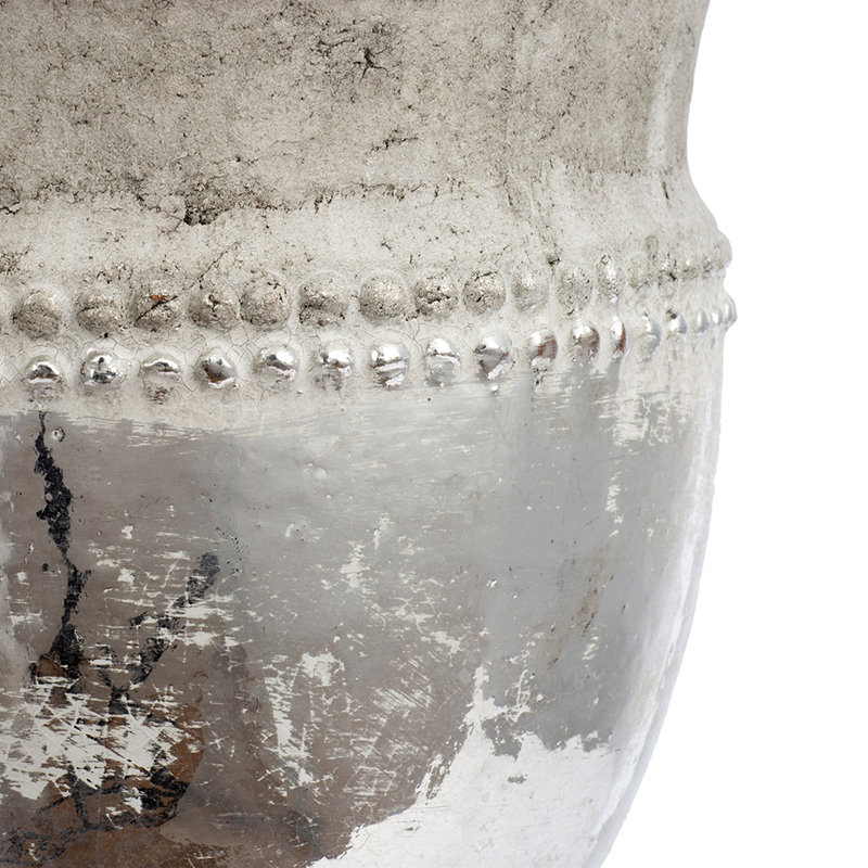 Set of 2 Rustic Terracotta Planters with Distressed Silver Finish and Beaded Details, Decorative Plant Pots for Indoor and Outdoor Spaces, 7.5” and 5.5” Tall