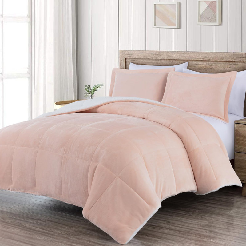 3-Piece Micromink And Sherpa Reversible Comforter Set, King Comforter + 2 King Shams, Blush