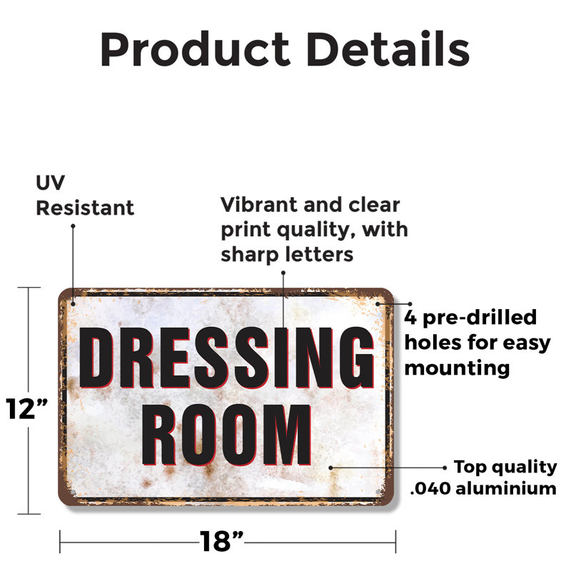 Enseigne de fantaisie en aluminium 12 po x 18 po Dressing Room, H 12 po x l 18 po x P 0,1 po, Vert