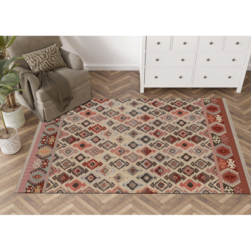 Tapis décoratif multicolore à motif de croix traditionnel beige, Rectangle 4 pi 11,06 po x 9 pi 10,11 po
