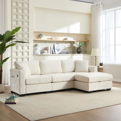 Modern L-Shaped Storage Sofa With USB Ports, Side Pockets, And Ottoman Bench For Spacious Comfort And Smart Organization.