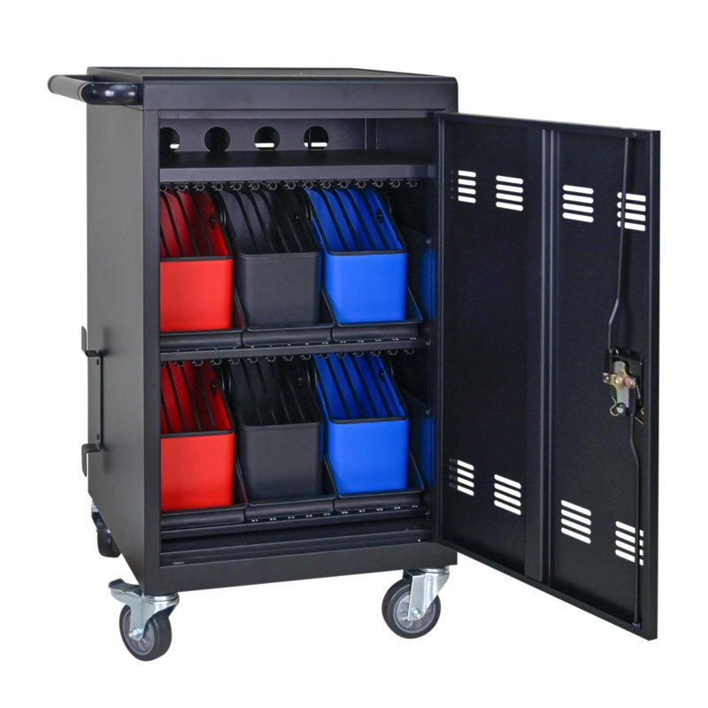 Chariot de charge pour tablette et ordinateur portable 32-bit avec gestion des câbles, rangement et fonctions de sécurité pour un usage éducatif et professionnel