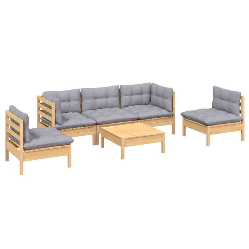 Ensemble de conversation modulaire en bois de pin avec coussins Lamaiya, Gris, Chêne