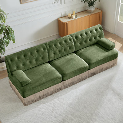 Canapé Chesterfield en velours de 106 po avec jupe à franges