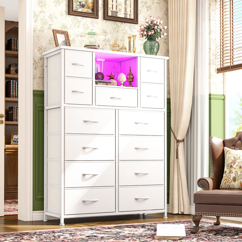 13 Drawer Tall Dresser For Bedroom With Open Shelves & Led Lights, Chest Of Drawers With Charge Station, White
