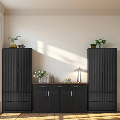 3-Piece Fluted Kitchen Storage Set - 63" Sideboard With 4 Doors & 3 Drawers , 72" Pantry Cabinet With Spice Rack, 2 Large Drawers