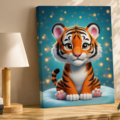 Toile, un adorable bébé tigre de style dessin animé se tient debout sur une surface murale bleu pâle avec une expression ludique et une grande toile d'art mural