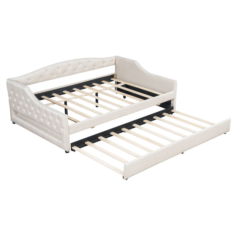 Full XL Size Upholstered Daybed with Trundle and Ambient Light Feature, Beige