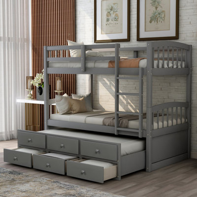 Bunk Bed With Ladder, Safety Rail, Trundle Bed With 3 Drawers For Bedroom, Guest Room Furniture