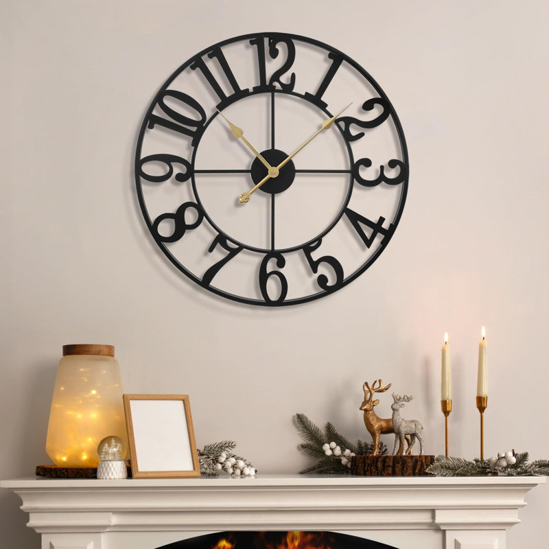Horloge murale 16 pouces Art déco silencieuse - métal noir avec grands chiffres arabes pour la cuisine, le salon, la chambre à coucher, la salle à manger