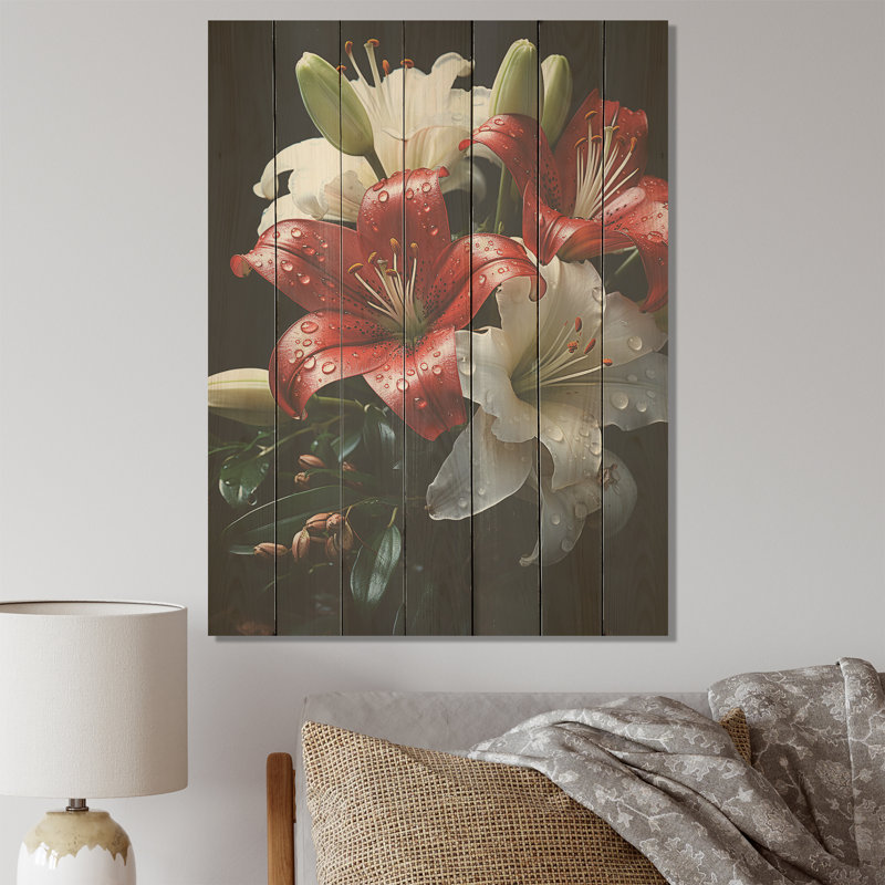 Fleurs de lys rouges et blanches - lys sur bois, H 44 po x l 34 po