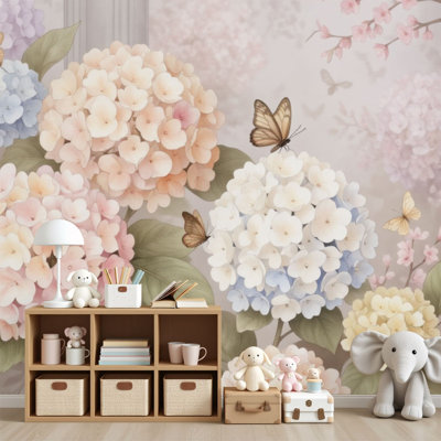 Papiers peints et adhésifs à motif de feuilles d'hortensia pastel à motif floral en feuilles de papier peint amovible H 69 po x l 96 po mural en PVC amovible pour chambre à coucher, bureau à domicile
