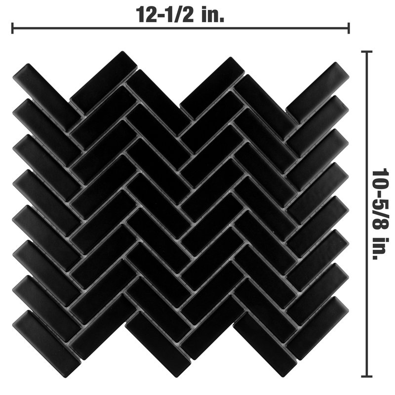 Metro Brick Herringbone 10-5/8 " x 12-1/2 " Porcelain Mosaic Floor and Wall Tile, Matte Black