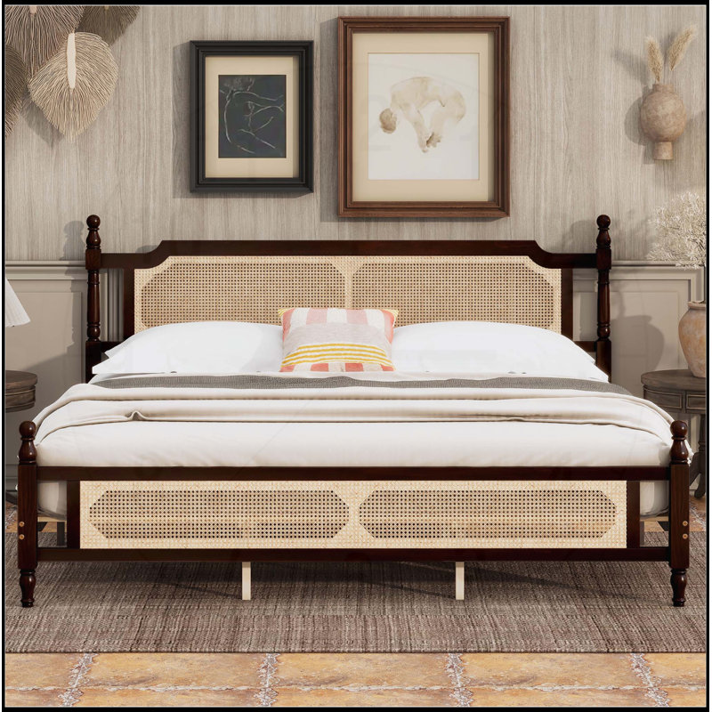 Très grand lit en bois de pin avec tête et pied de lit en rotin, plateforme centrale améliorée, finition espresso, Espresso