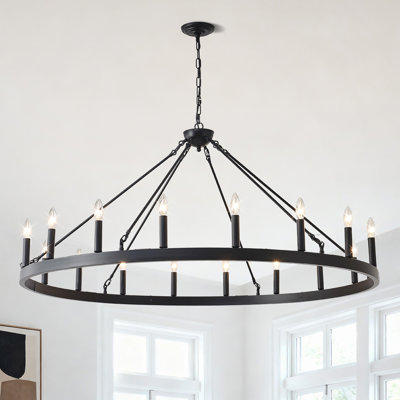 Lustre en roue de chariot de 53 po avec 18 lumières noires (sans ampoules) 