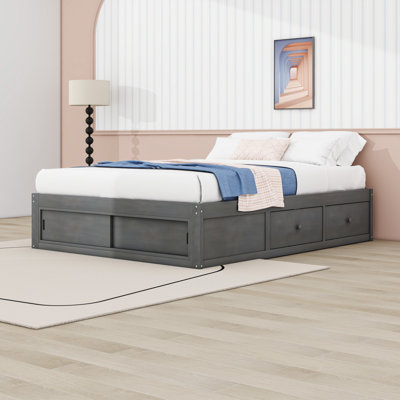 Queen Size Platform Bed with Built-In Drawers and Storage Cubby