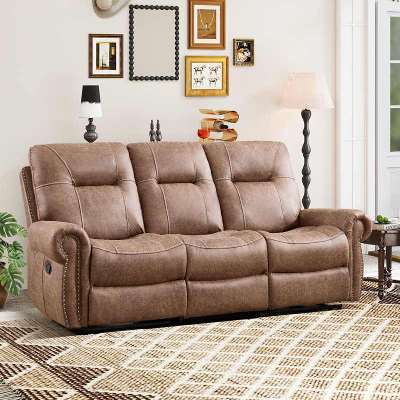 85.43'' Wide Classic Faux Leather Manual Reclining Sofa With Dual Side Pull Levers & Nailhead Trim, Vintage Brown
