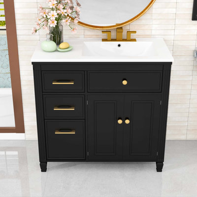 Meuble-lavabo avec lavabo en céramique, 3 tiroirs latéraux et tablette réglable