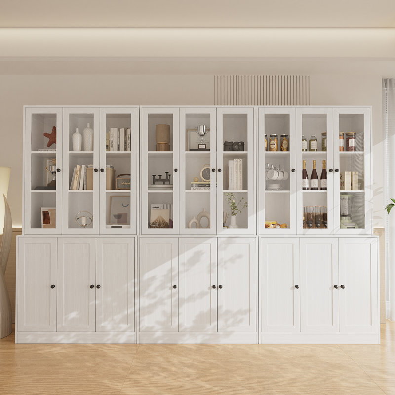 106.3" W X 70.9"H Book Cabinet Storage Bookcase, 5-Tier Modern Bookshelves With 18 Doors, White
