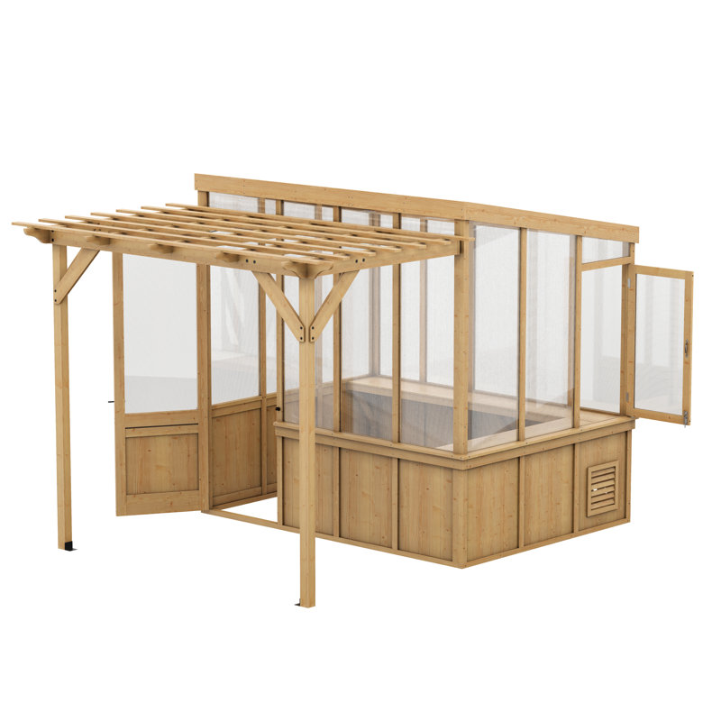 Serre en bois de cèdre avec pergola (2,4 m H x 2,4 m L x 1,8 m P) – Oasis de jardin quatre saisons avec espace de vie extérieur ombragé