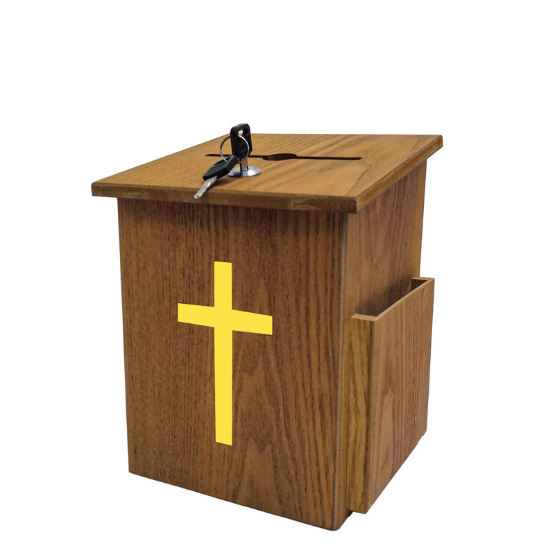 Lockable Oak Donation Box with Gold Cross and Side Pocket
