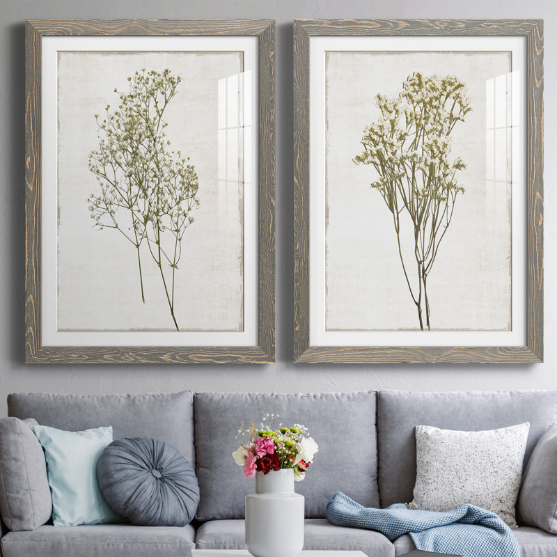 «Farmhouse Pressed Flower I», ensemble de 2 impressions, H 37,5 po x l 55 po x P 1,5 po, Cadre en papier gris